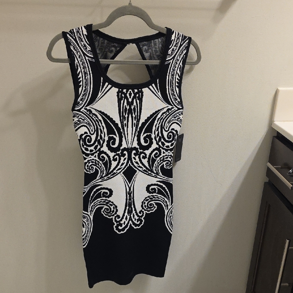 Guess Black and White Patterned Bodycon Dress
